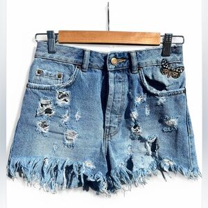 Zara TRF Butterfly 🦋 Embroidered Distressed MOM FIT DENIM Shorts